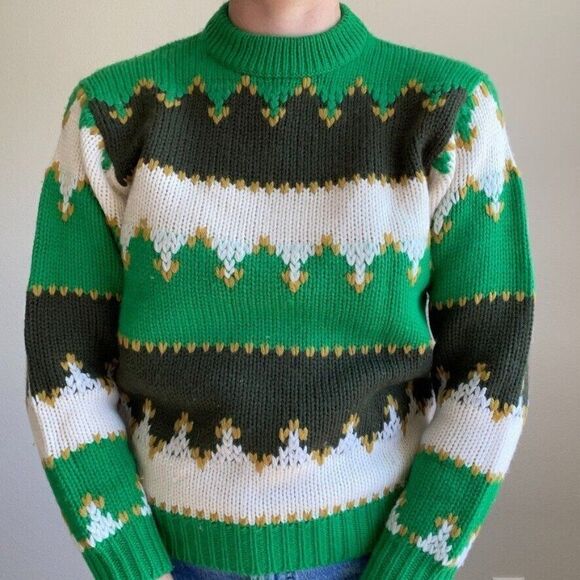 Vintage Nan Dorsey 1970s Retro Striped Chunky Wool Green Preppy Sweater Sz M - Picture 4 of 9